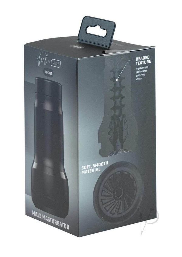 Kiiroo Feel Pocket Stroker in black packaging with beaded texture and soft, smooth material for discreet on-the-go pleasure.