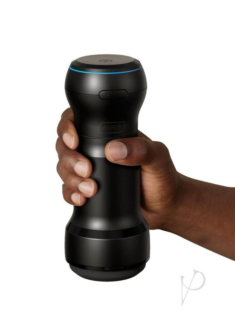 Kiiroo Feel Pocket PowerBlow black pocket stroker and suction combo in hand for customized pleasure