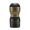 Tenga Premium Original Vacuum Cup Strong Masturbator in sleek black and gold design, offering intense male pleasure experience.