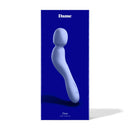 Dame Com Rechargeable Silicone Wand Vibrator Periwinkle on a blue background, showcasing the sleek design and ergonomic shape.