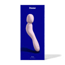 Dame Com Rechargeable Silicone Wand Vibrator Quartz on a vibrant blue background.
