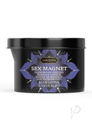 Kama Sutra Sex Magnet Blue Lotus Candle With Pour Spout 6 Oz in a sleek jar with floral design.