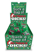 Candyprints Suck A Bag Of St Nick's Dicks Counter Display featuring phallic-shaped candies in festive packaging.
