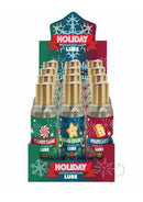 Little Genie Holiday Lubricants Assorted Flavors 18 Pack display featuring Candy Cane, Sugar Cookie, and Fruitcake.