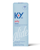 K-Y Jelly 4 Oz Water Based Personal Lubricant packaging, featuring a light blue design and product information.