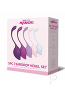 Bodywand Squeeze 5 Piece Teardrop Silicone Kegel Set packaging with five teardrop weights for pelvic floor training.