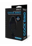 Zolo Vibrating Adjustable Silicone Lasso Cock Ring Black packaging featuring adjustable design and 10 vibration modes.