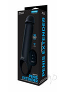 Zolo 8 Inch Vibrating Silicone Penis Extender Black packaging showing wireless remote and vibration modes for enhanced pleasure.