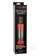 Optimum Series Big Man's Rechargeable EZ Pump Red/Black packaging showing the automatic penis pump features and design.