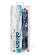 Orgasmatron Digital G-Teaser Silicone Rabbit Blue packaging showcasing its 100 pleasure combinations and premium silicone.