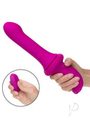 Overdrive Remote Control Sex Machine Smooth Thruster Pink with remote control in hand and smooth silicone design.