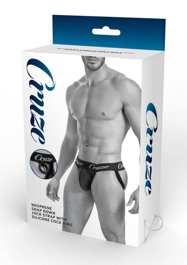 Cruze High Bar Jockstrap with Cock Ring Small Medium Black packaging showcasing neoprene design and snap down feature.