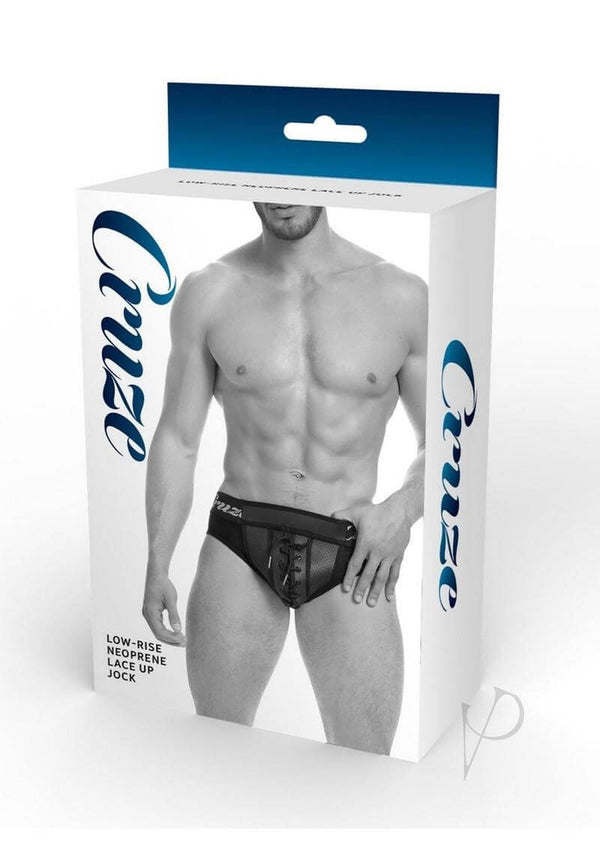 Cruze Kick Off Lace Up Jock Brief Black Large XLarge packaging front view with model wearing low-rise jock.