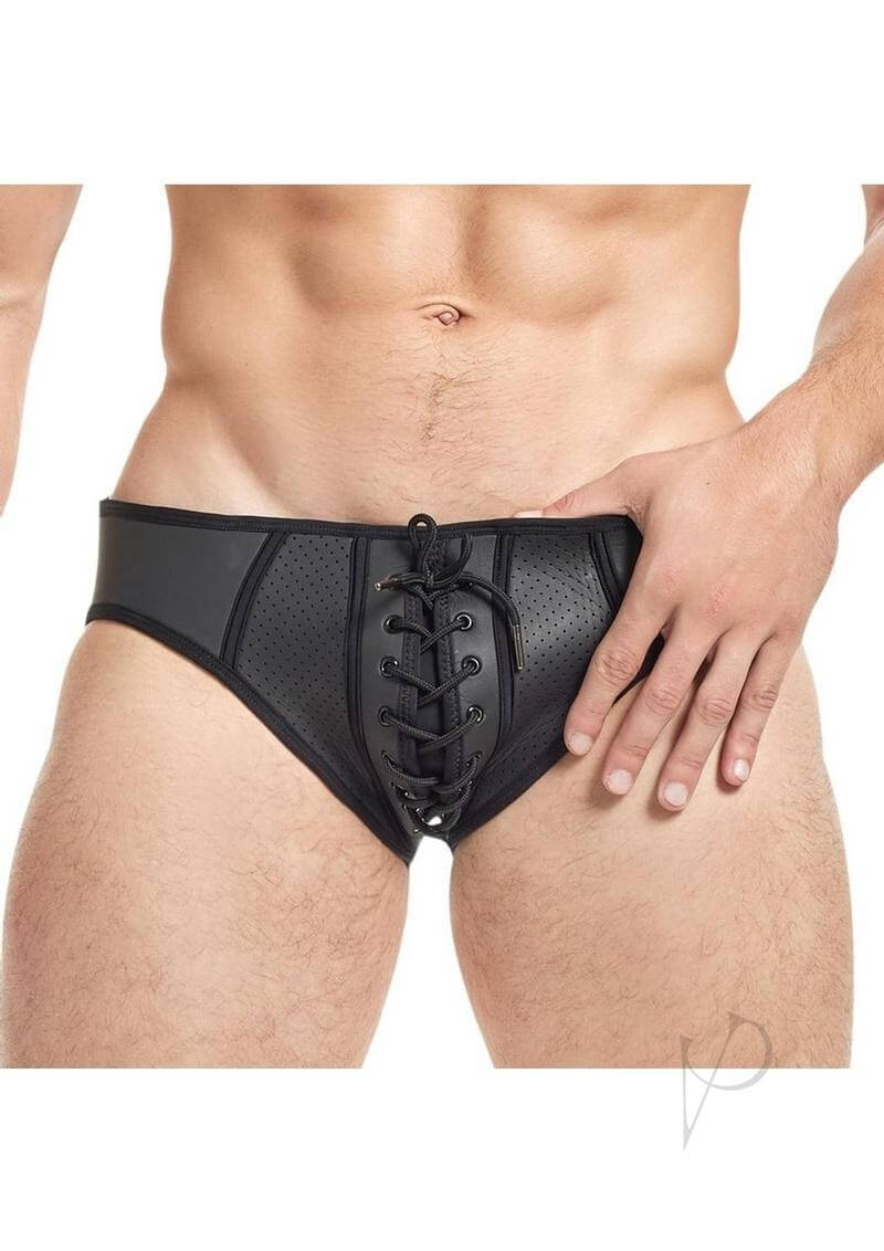 Cruze Kick Off Lace Up Jock Brief Black Large XLarge showcasing a sleek design and lace-up front detail.