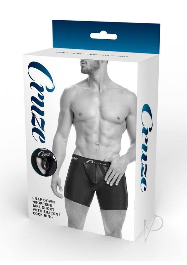Cruze High Bar Zipper Trunk With Cock Ring Large XLarge Black packaging featuring a model wearing the product.
