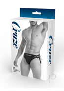 Cruze Buckle Up Zipper Jockstrap Large XLarge Black packaging display with model