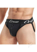 Cruze Buckle Up Zipper Jockstrap Large XLarge Black showcasing its sleek design and functional front zipper.