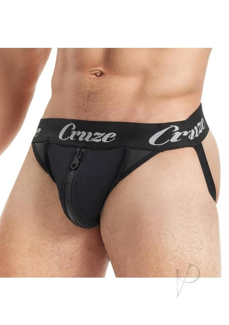 Cruze Buckle Up Zipper Jockstrap Large XLarge Black showcasing its sleek design and functional front zipper.