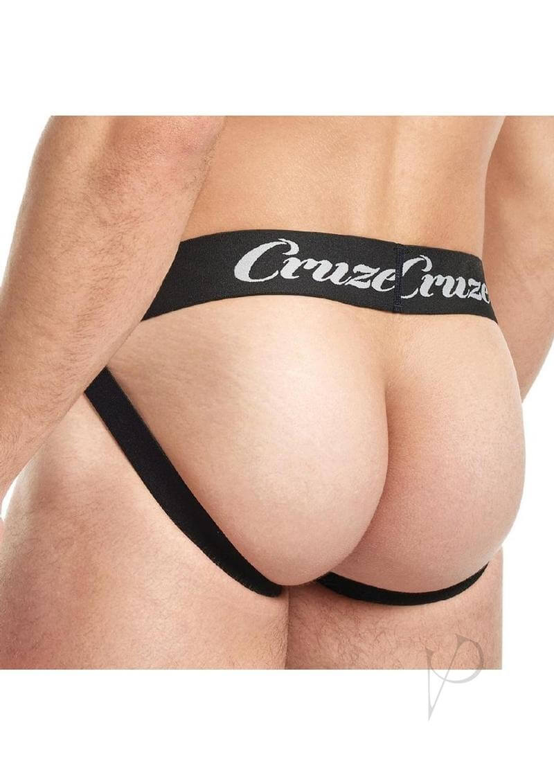 Cruze Buckle Up Zipper Jockstrap Large XLarge Black shown from the back, highlighting its stylish design and fit.