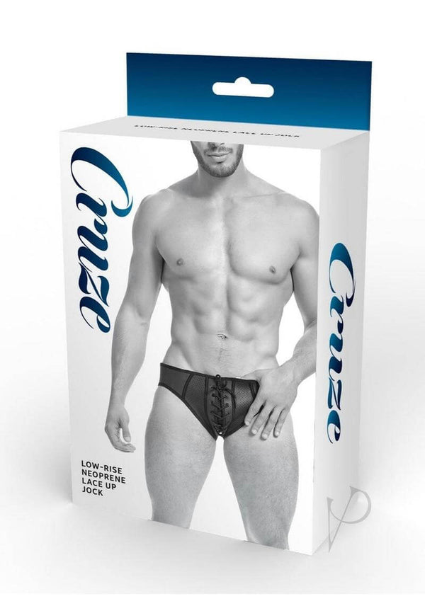 Cruze Kick Off Lace Up Brief Small Medium Black packaging featuring low-rise design and neoprene material.