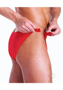 Fundies Rip it Off Bikini with Red Satin Ribbon OS Red showcased on a model, highlighting its playful and seductive design.