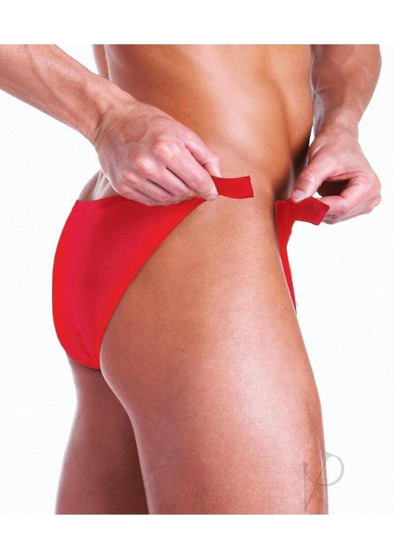 Fundies Rip it Off Bikini with Red Satin Ribbon OS Red showcased on a model, highlighting its playful and seductive design.