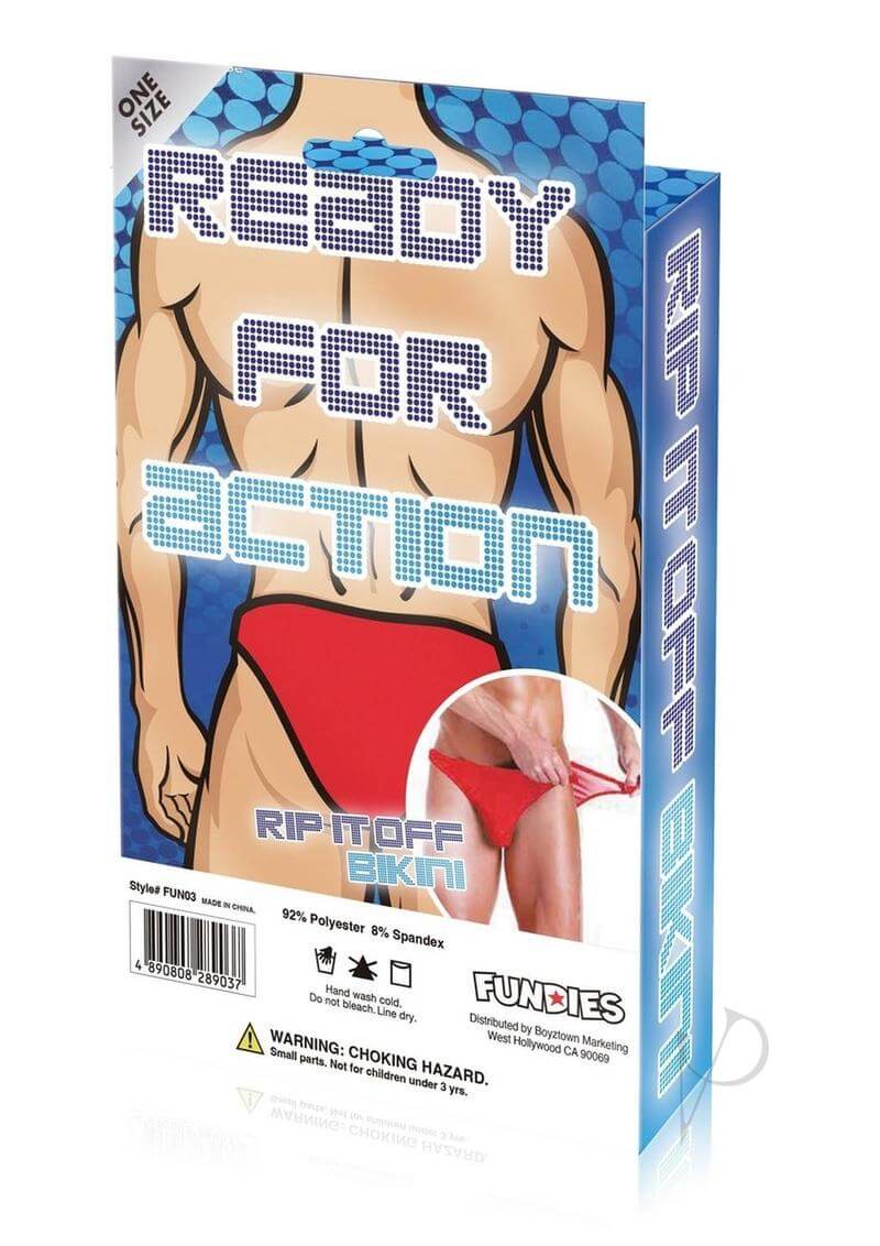 Fundies Rip it Off Bikini with Red Satin Ribbon OS Red packaging design featuring bold graphics and playful text.