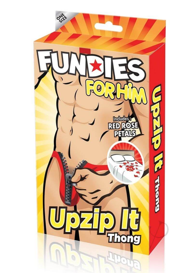 Fundies Unzip It Thong with Rose Petals OS Red packaging featuring a cheeky zip-front design and rose petals.