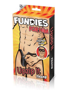 Fundies Unzip It Thong With Black Zorro Mask OS Black packaging featuring a playful design and stripper mask inclusion.