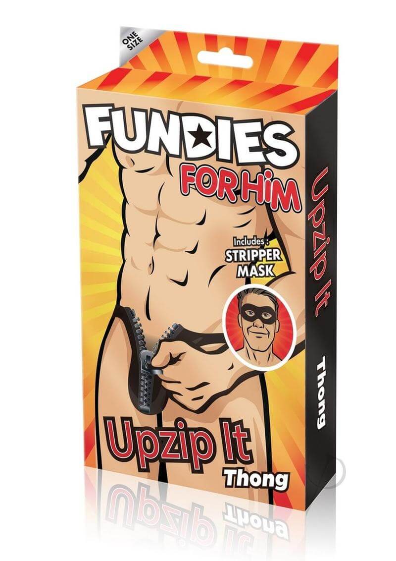 Fundies Unzip It Thong With Black Zorro Mask OS Black packaging featuring a playful design and stripper mask inclusion.