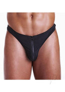 Fundies Unzip It Thong With Black Zorro Mask OS Black, revealing unzip design in sexy black fabric.