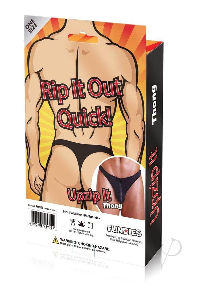Fundies Unzip It Thong With Black Zorro Mask OS Black packaging featuring bold graphics and sizing details.