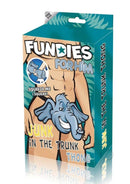 Junk In The Trunk Thong packaging featuring a playful elephant design and bold colors, perfect for fun men's underwear.
