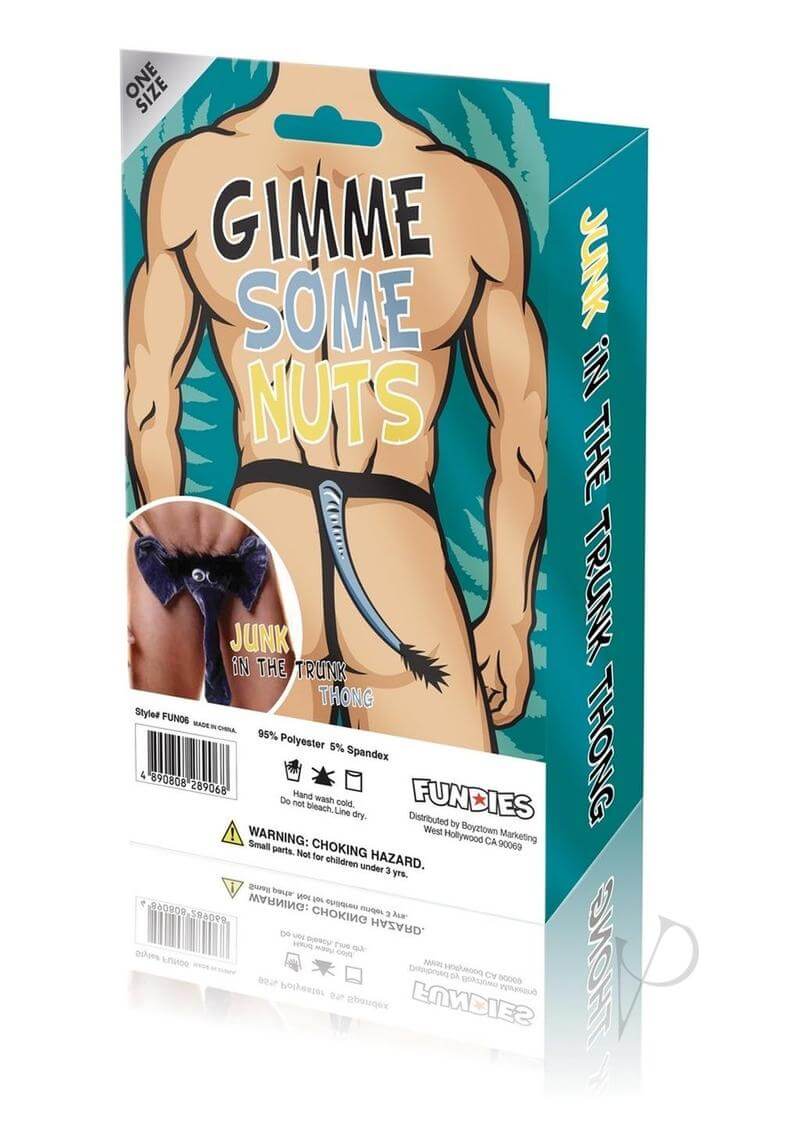 Junk In The Trunk Jockstrap OS Grey packaging featuring playful 'Gimme Some Nuts' design.