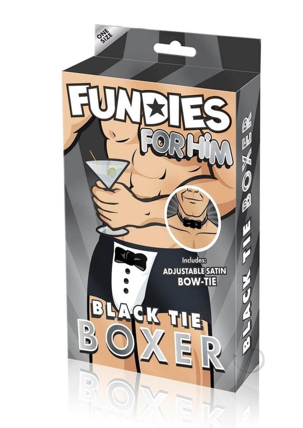 Fundies Black Tie Tuxedo With Bow Tie OS Black White packaging featuring black tie boxer design.