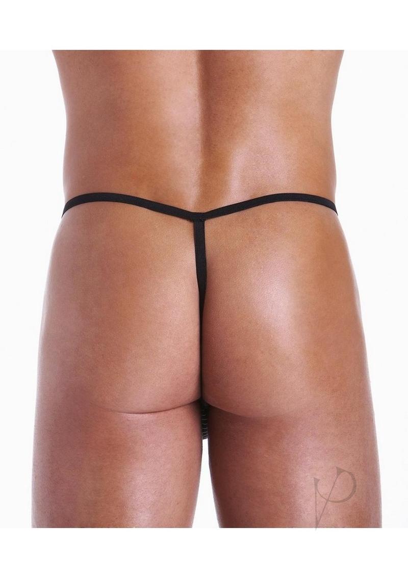 Fundies Hundcuff G String With Toy Handcuffs OS Black showcased on a model from the back, highlighting its sleek design.
