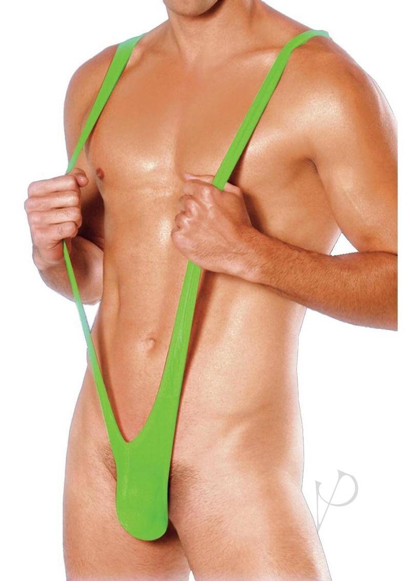 Fundies Mankini with Fake Mustache OS Green on a man, showcasing bright green color and playful design.