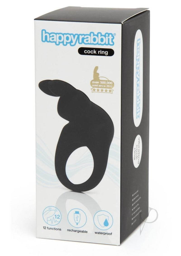 Happy Rabbit Rechargeable Cock Ring in Black packaging showcasing vibrating bunny ears and features.