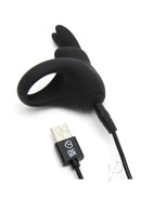 Happy Rabbit Rechargeable Cock Ring in black with USB charging cable, featuring flexible bunny ears for clitoral stimulation.