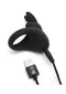 Happy Rabbit Rechargeable Cock Ring in black with USB charging cable, featuring flexible bunny ears for clitoral stimulation.