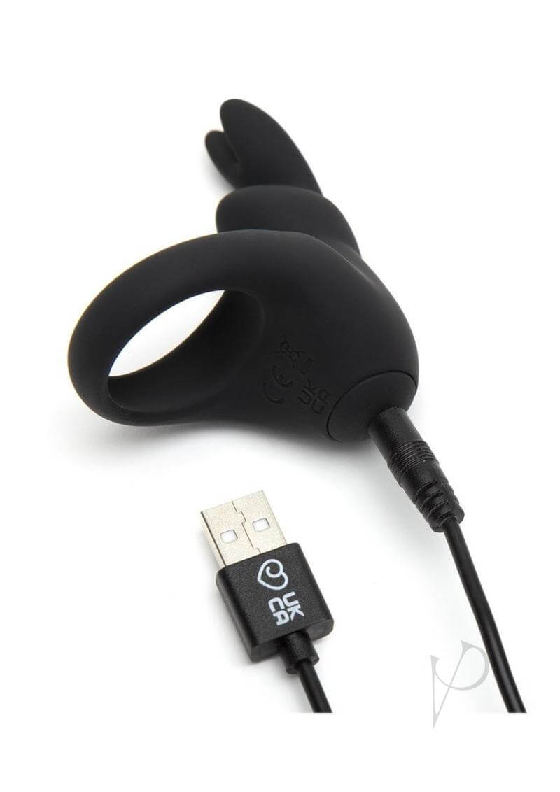 Happy Rabbit Rechargeable Cock Ring in black with USB charging cable, featuring flexible bunny ears for clitoral stimulation.