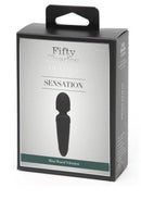 Fifty Shades of Grey Sensation Mini Wand Vibrator packaging showcasing elegant design and product details.