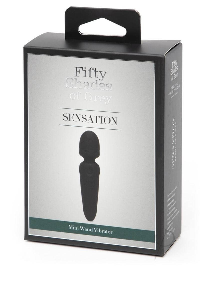 Fifty Shades of Grey Sensation Mini Wand Vibrator packaging showcasing elegant design and product details.