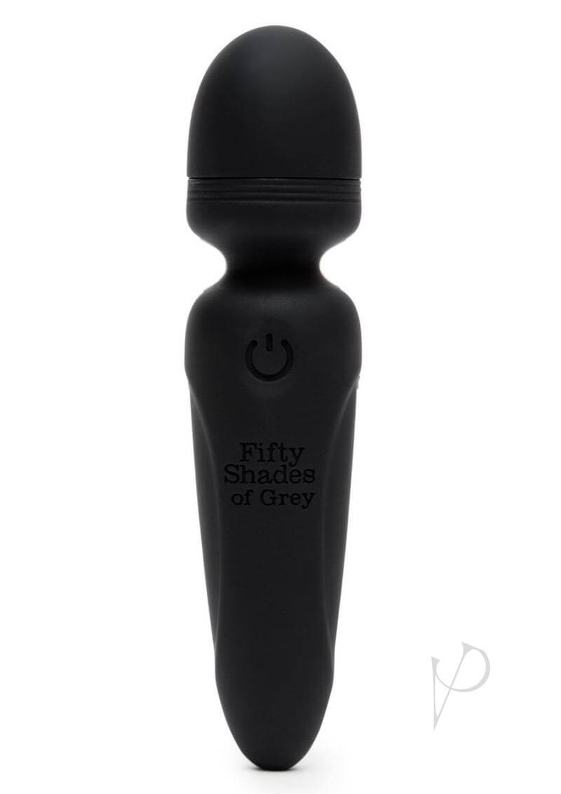 Fifty Shades of Grey Sensation Recharge Mini Wand vibrator in sleek black silicone with a round head and 20 vibration modes.