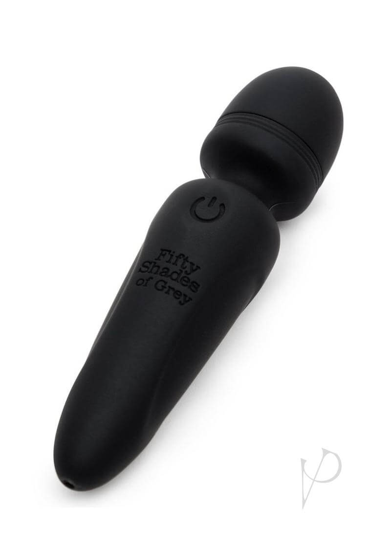 Fifty Shades of Grey Sensation Recharge Mini Wand vibrator in sleek black silicone with 20 vibration modes for intense pleasure.