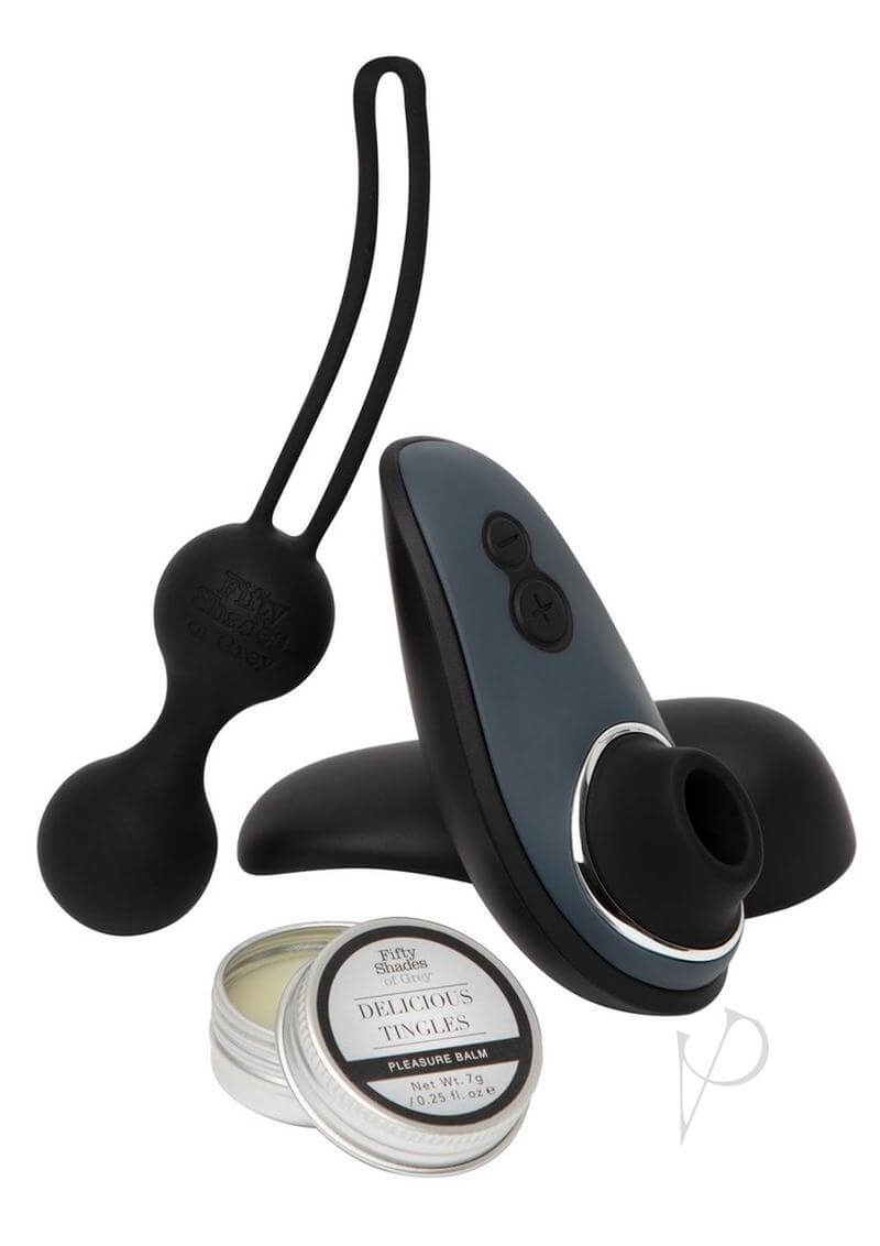 Fifty Shades of Grey X Womanizer Desire Blooms Kit 3-piece pleasure set with Womanizer Liberty, Kegel balls, and Tingling Mint Orgasm Balm