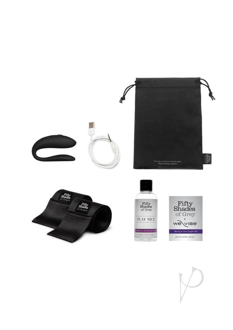 FSOG X We-Vibe Moving As One Couple Kit with bondage straps, Sync Lite vibrator, USB charger, lubricant, pouch, and instruction booklet