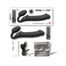 Strap-on-me Vibrating Bendable Strapless Strap-on Black XL with remote, charging cable, and storage pouch.