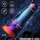 Creature Cocks Astro Cock Vibrating Glow-in-the-Dark Dildo dimensions and features on a cosmic background.