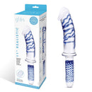 Glas 11 Inch Realistic Double Ended Glass Dildo With Handle in packaging, featuring textured shafts for pleasure.